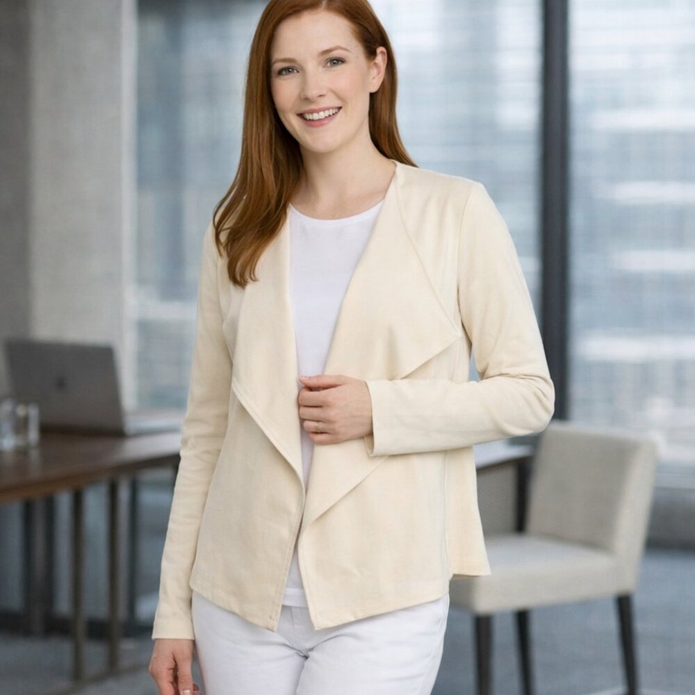 Denim & Co. Comfy Knit Air Drape Open Front Jacket Vanilla Cream